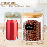 TBWIND 37oz(1.2Qt) Square Glass Storage Containers with Bamboo Lids – 4 Pack Clear Food Airtight Glass Jars for Pantry Organizers and Storage, Kitchen Dry Food, Coffee, Sugar, Flour, Snacks, Spices