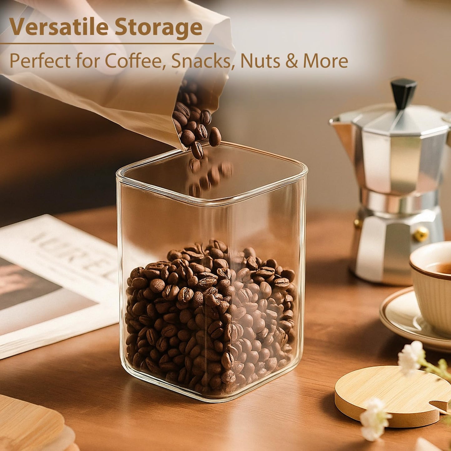 TBWIND 37oz(1.2Qt) Square Glass Storage Containers with Bamboo Lids – 4 Pack Clear Food Airtight Glass Jars for Pantry Organizers and Storage, Kitchen Dry Food, Coffee, Sugar, Flour, Snacks, Spices