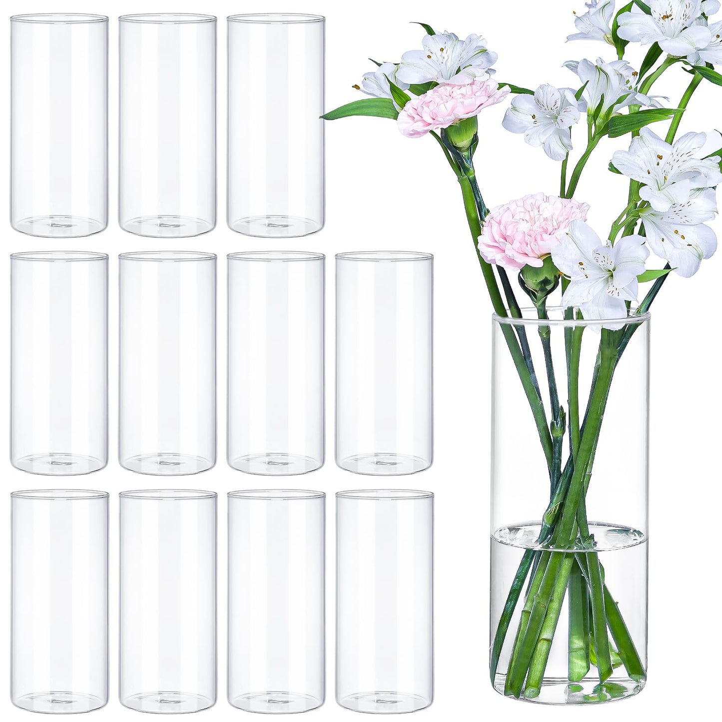 TBWIND 12Pcs Glass Cylinder Vases 8 Inch Tall Clear Flower Vases for Centerpieces Wedding Decoration, Hurricane Floating Candle Holder for Party Table Home Decor