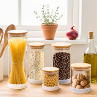 TBWIND Glass Storage Containers with Bamboo Lids – 7 Pack Airtight Clear Glass Jars in Mixed Sizes (17oz/25oz/34oz/53oz/73oz) for Pantry Organization, Kitchen Dry Food, Coffee, Flour, Pasta & Snacks