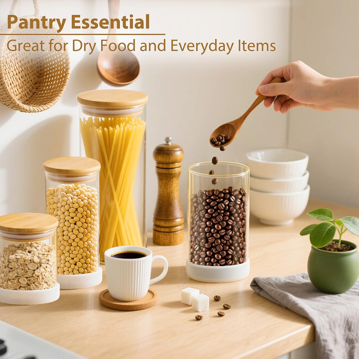 TBWIND Glass Storage Containers with Bamboo Lids – 7 Pack Airtight Clear Glass Jars in Mixed Sizes (17oz/25oz/34oz/53oz/73oz) for Pantry Organization, Kitchen Dry Food, Coffee, Flour, Pasta & Snacks