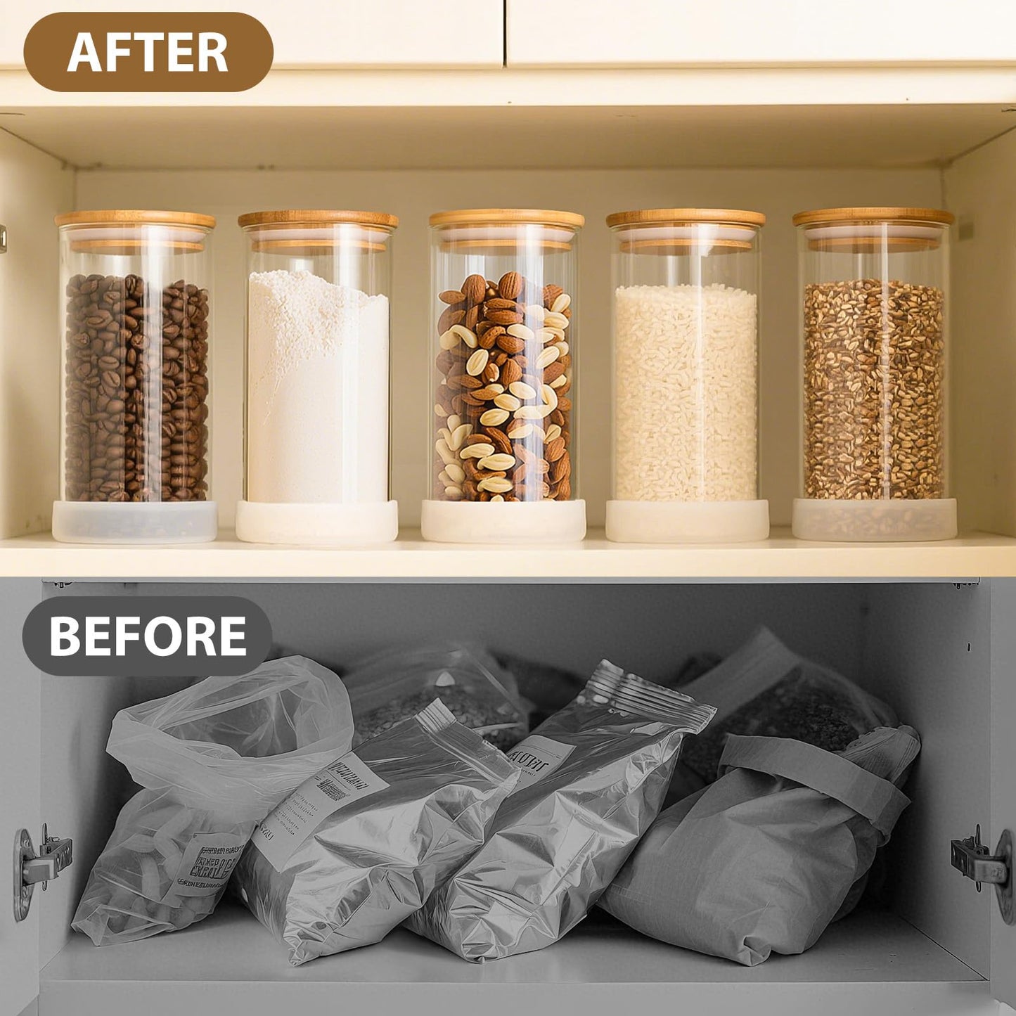 TBWIND 53oz Round Glass Storage Containers with Bamboo Lids – 4 Pack Large Airtight Glass Jars for Pantry Organization, Kitchen Dry Food, Flour, Cereal, Coffee Beans & Staples
