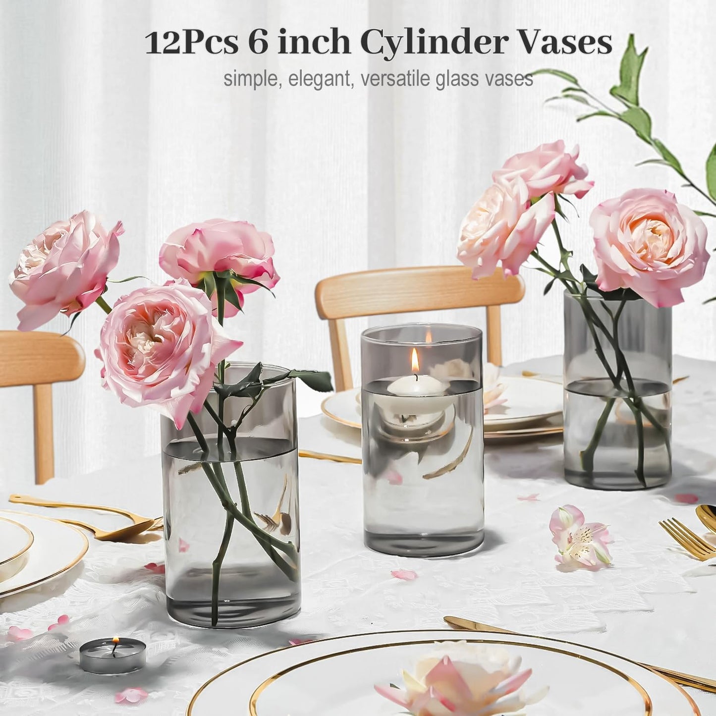 TBWIND 12pcs Glass Gray Cylinder Vases for Centerpieces, 6 Inch Grey Flower Vases for Wedding Decorations, Indoor Home Decor, Hurricane Candle Holder for Table Shelf, Party