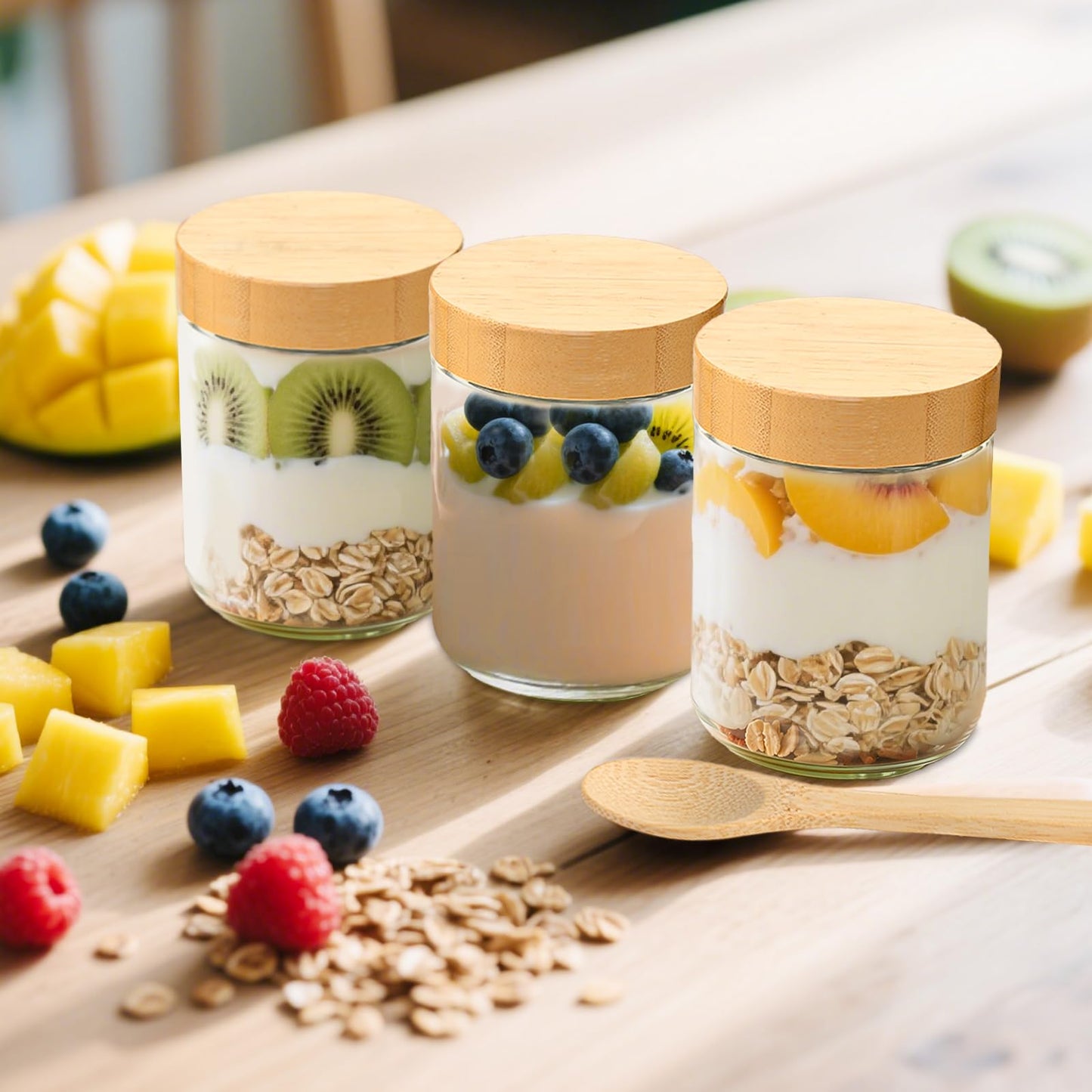 TBWIND 16oz Glass Jars with Bamboo Lids, Spoons, Airtight Overnight Oats Containers, Salad& Yogurt Storage, Mason Jars for Snacks, Spices, Meal Prep – Reusable, 4-Pack