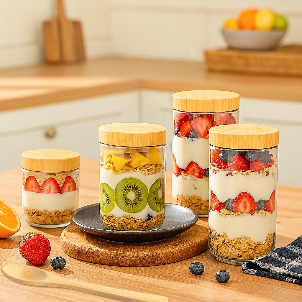 TBWIND 12 Pack 16oz Glass Jars with Bamboo Lids, Spoons, Airtight Overnight Oats Containers, Salad& Yogurt Storage, Mason Jars for Snacks, Spices, Meal Prep – Reusable