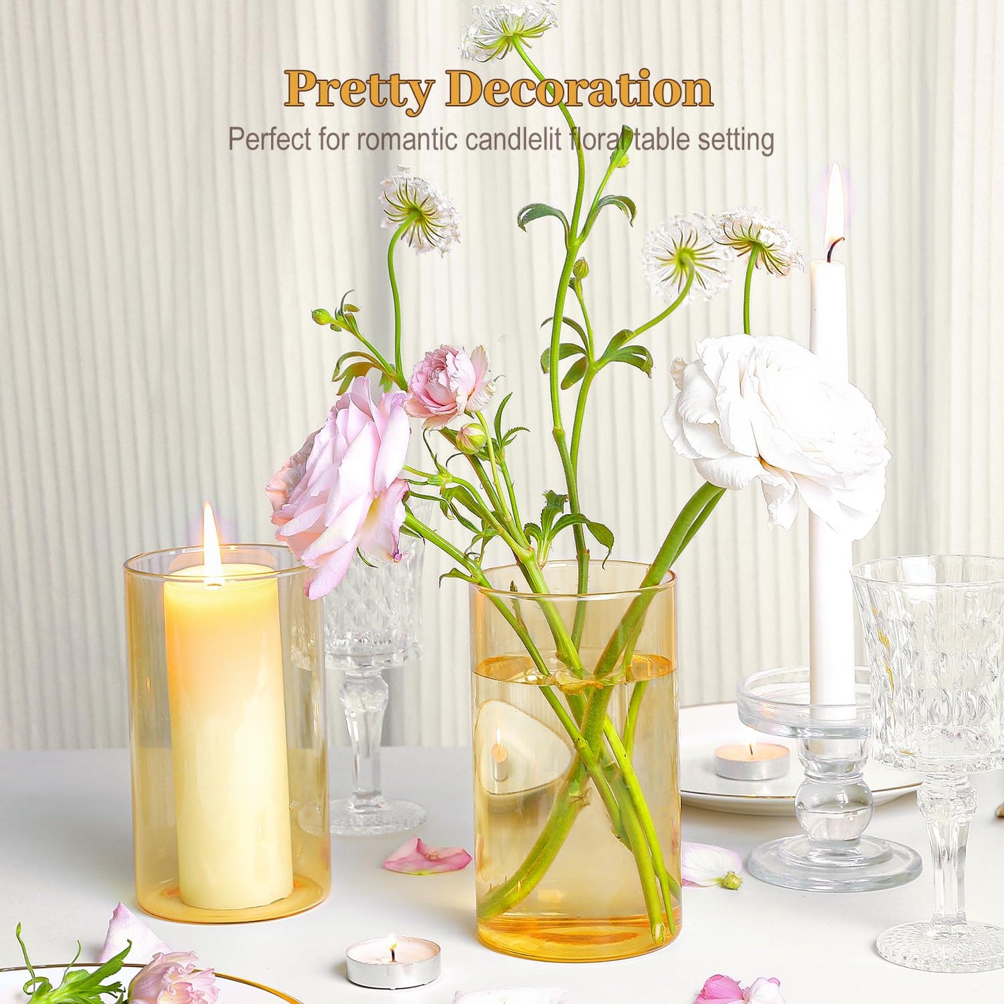 TBWIND 12pcs Glass Gold Amber Cylinder Vases for Centerpieces, 6 Inch Champagne Flower Vases for Wedding Decorations, Indoor Home Decor, Hurricane Candle Holder for Table Shelf, Party