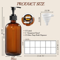 TBWIND 12 Pack Amber Glass Bottles 16oz with Pump Dispensers, Refillable Empty Pump Bottles for Bathroom, Kitchen, Shampoo, Soap, Lotion – Includes 2 Funnels & 12 Labels