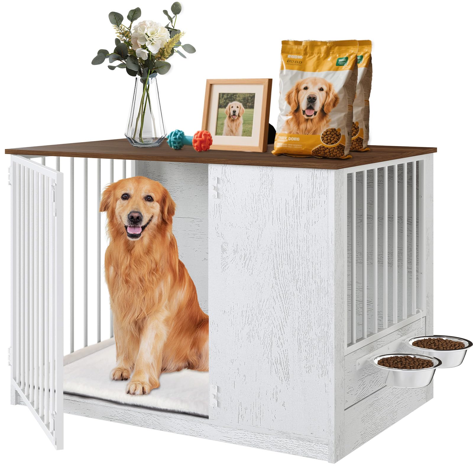 TBWIND Dog Crate Furniture for Large Dogs, 36" Indoor Wooden Dog Kennel with 270° Swivel Door & 360° Rotating Feeder, Decorative Heavy Duty Dog House with Double Locks & Bowls, White