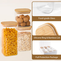 TBWIND 6 Pack Square Glass Storage Containers with Bamboo Lids (24oz/37oz/51oz) – Clear Food Airtight Canisters Sets for The Kitchen, Glass Jars for Coffee Beans, Coffee, Flour, Snacks, Spices