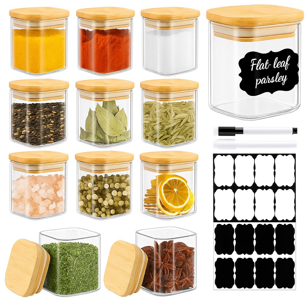 TBWIND 12 Pack 4 oz Square Glass Spice Jars with Lids and Labels – Airtight Small Seasoning Containers Set, Clear Glass Storage Jars for Seasoning, Spices, Kitchen Pantry Organization