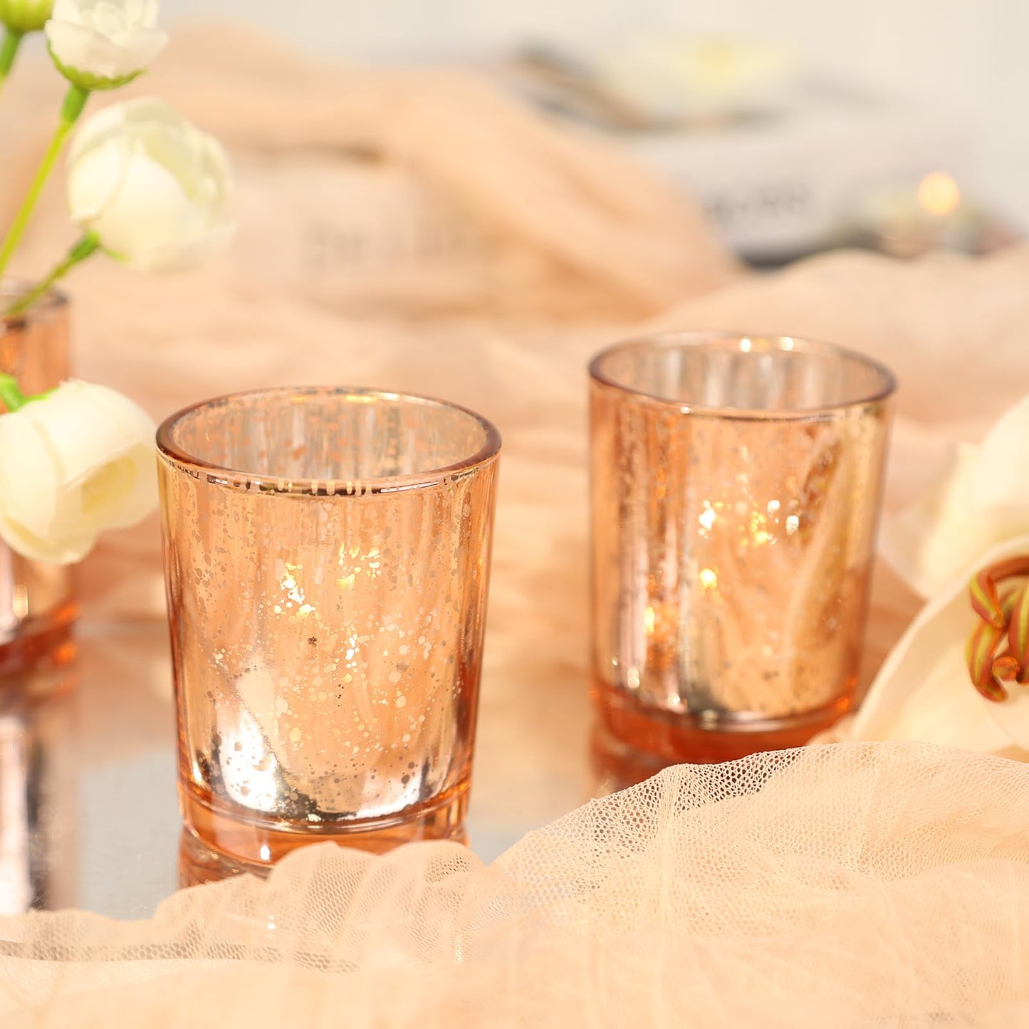 TBWIND 24 Pcs Rose Gold Votive Candle Holders, Speckled Mercury Rose Gold Glass Candle Holder Bulk for Wedding Centerpiece Table Decor, Tea Lights Candle Holder for Valentines Day Decor, Home Decor