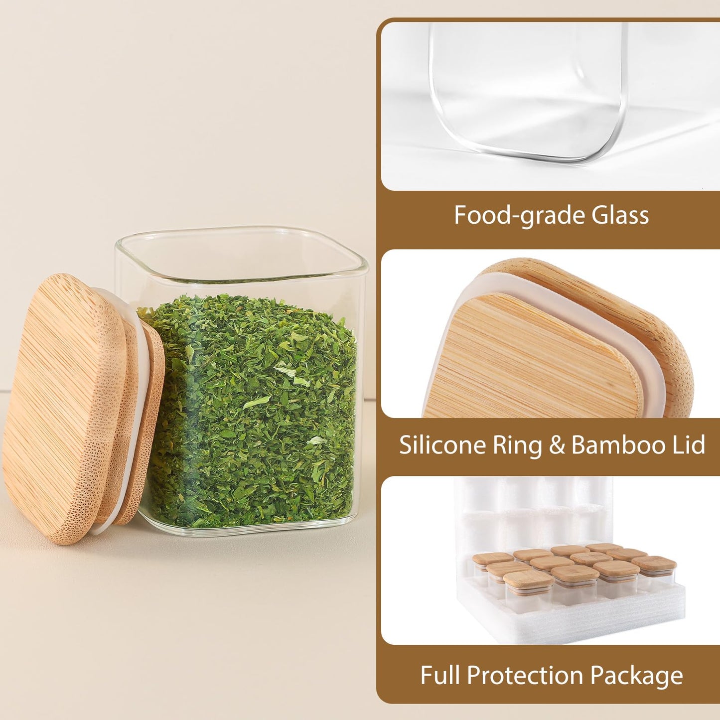 TBWIND 12 Pack 4 oz Square Glass Spice Jars with Lids and Labels – Airtight Small Seasoning Containers Set, Clear Glass Storage Jars for Seasoning, Spices, Kitchen Pantry Organization