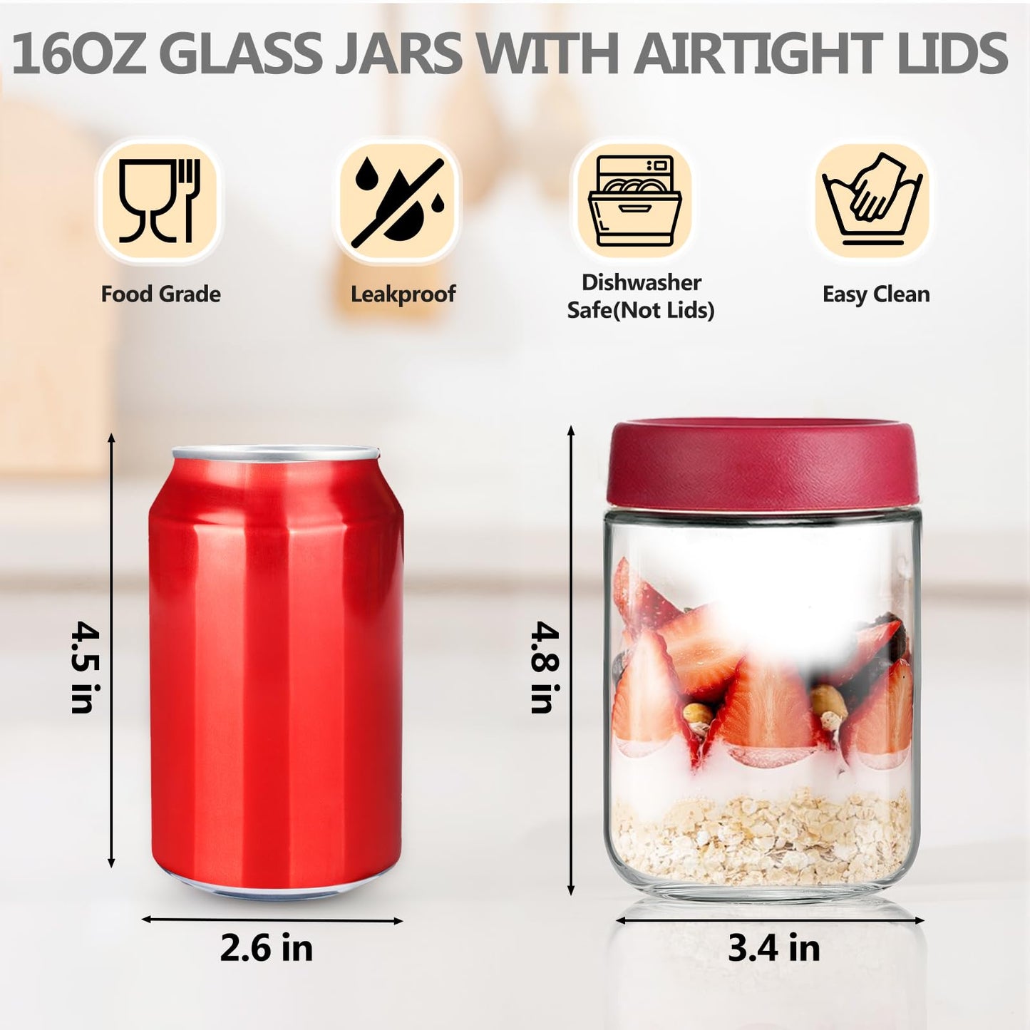 TBWIND 12-Pack 16oz Glass Jars with Lids, Airtight Overnight Oats Containers, Salad& Yogurt Storage, Mason Jars for Snacks, Spices, Meal Prep – Reusable