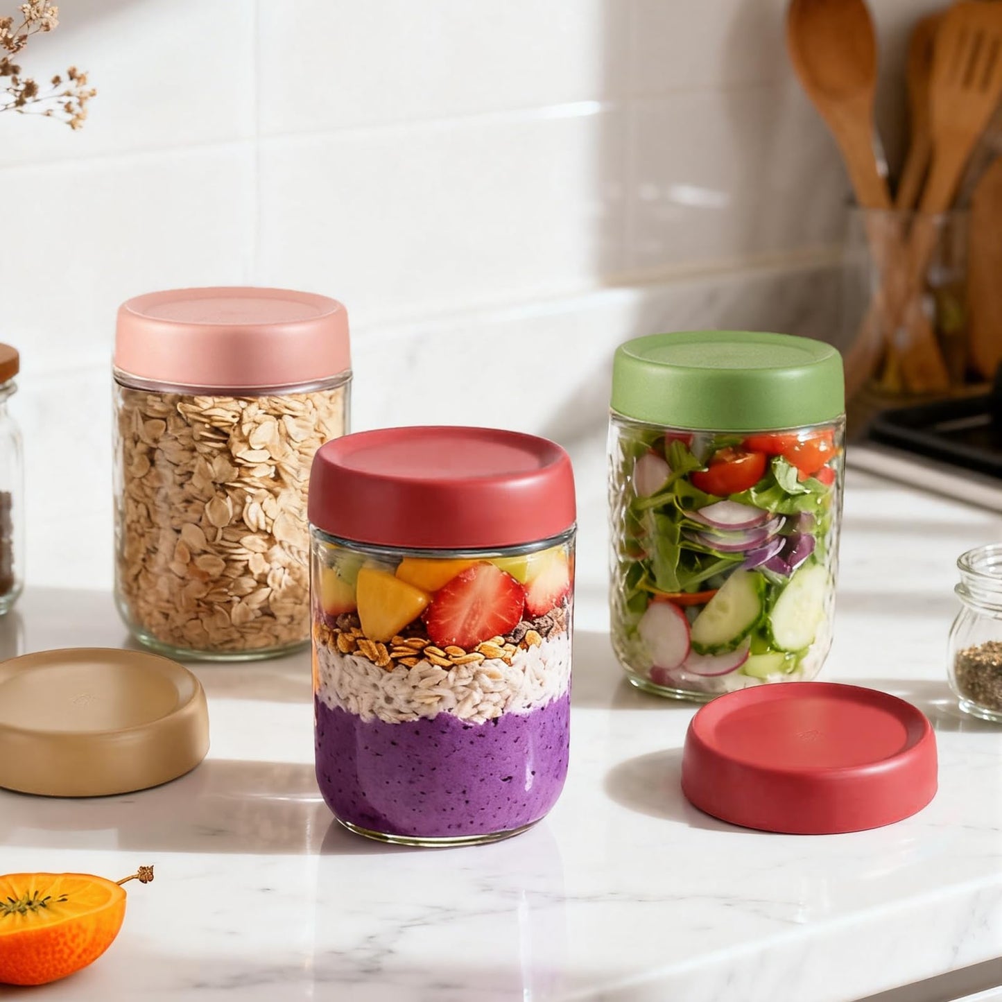 TBWIND 12-Pack 16oz Glass Jars with Lids, Airtight Overnight Oats Containers, Salad& Yogurt Storage, Mason Jars for Snacks, Spices, Meal Prep – Reusable