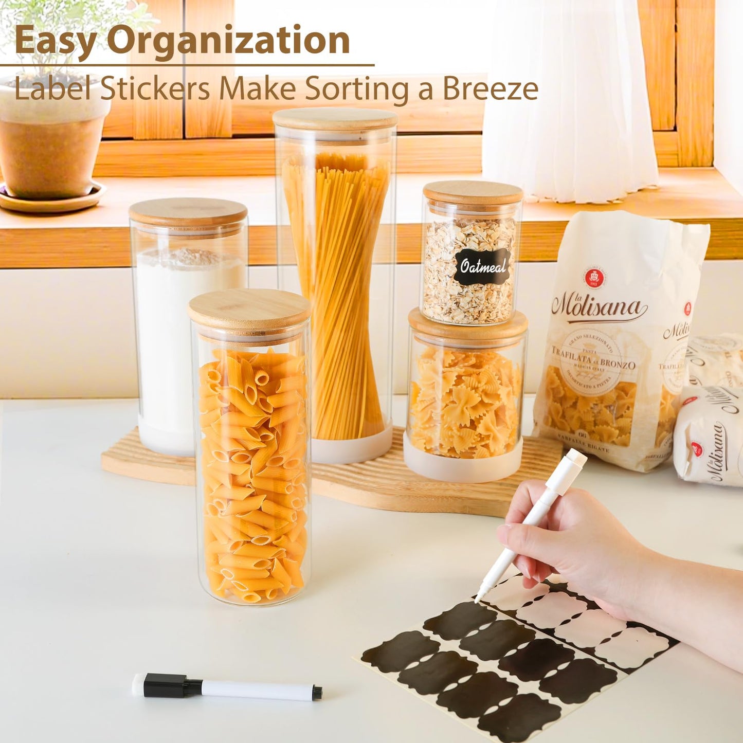 TBWIND 34oz Round Glass Storage Containers with Bamboo Lids – 6 Pack Medium Clear Food Airtight Glass Jars for Pantry Organizers and Storage, Kitchen Dry Food, Flour, Cereal, Coffee Beans & Staples