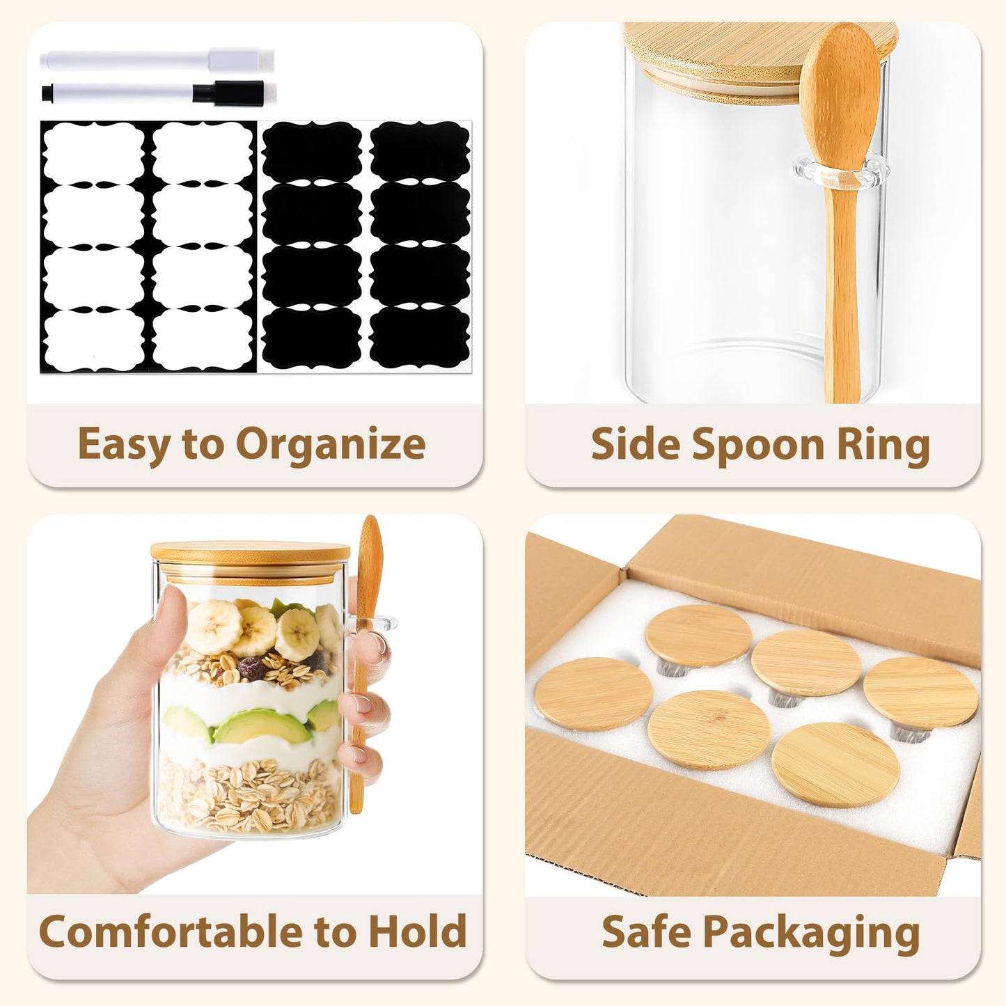 TBWIND 6 Pack Overnight Oats Containers with Lids and Spoons, 16oz Glass Jars with Bamboo Lids, Airtight Meal Prep Yogurt Containers for Breakfast, Parfait, Salad, Chia Pudding