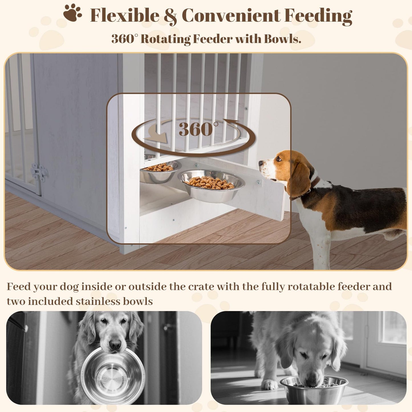 TBWIND Dog Crate Furniture for Large Dogs, 36" Indoor Wooden Dog Kennel with 270° Swivel Door & 360° Rotating Feeder, Decorative Heavy Duty Dog House with Double Locks & Bowls, White
