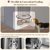 TBWIND Dog Crate Furniture for Large Dogs, 36" Indoor Wooden Dog Kennel with 270° Swivel Door & 360° Rotating Feeder, Decorative Heavy Duty Dog House with Double Locks & Bowls, White