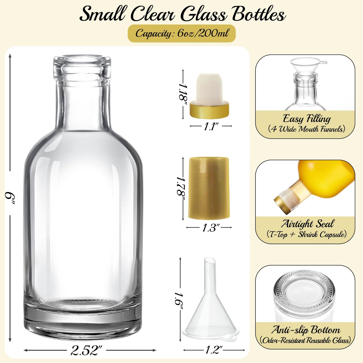 TBWIND 12 Pack 6 oz/200ml Clear Glass Bottles with T-Top Cork Stoppers, Small Liquor Bottles, Airtight Refillable Bottles for Spirits, Juice, Oil, Vinegar, Kombucha, Soda, Bear, Wine