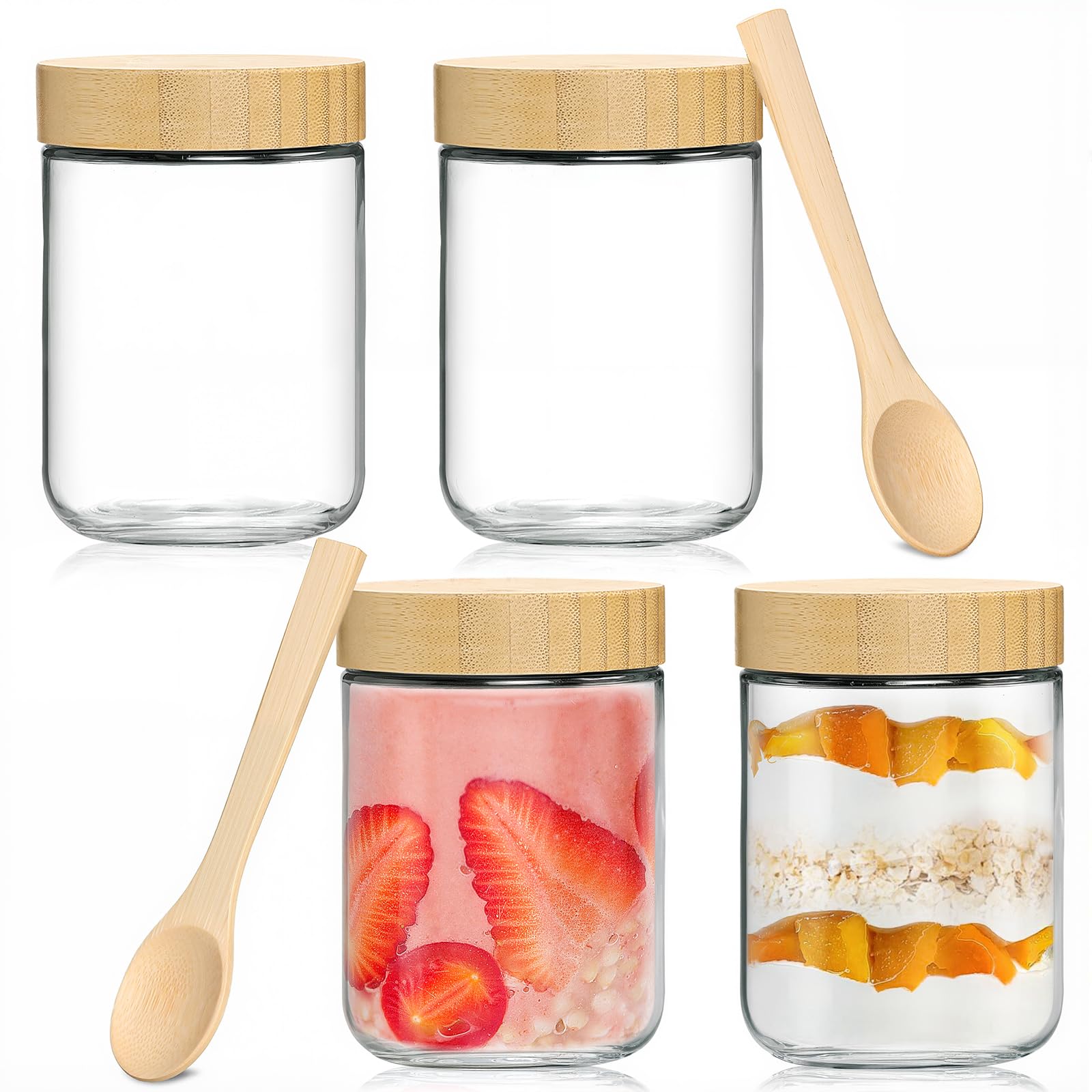 TBWIND 16oz Glass Jars with Bamboo Lids, Spoons, Airtight Overnight Oats Containers, Salad& Yogurt Storage, Mason Jars for Snacks, Spices, Meal Prep – Reusable, 4-Pack