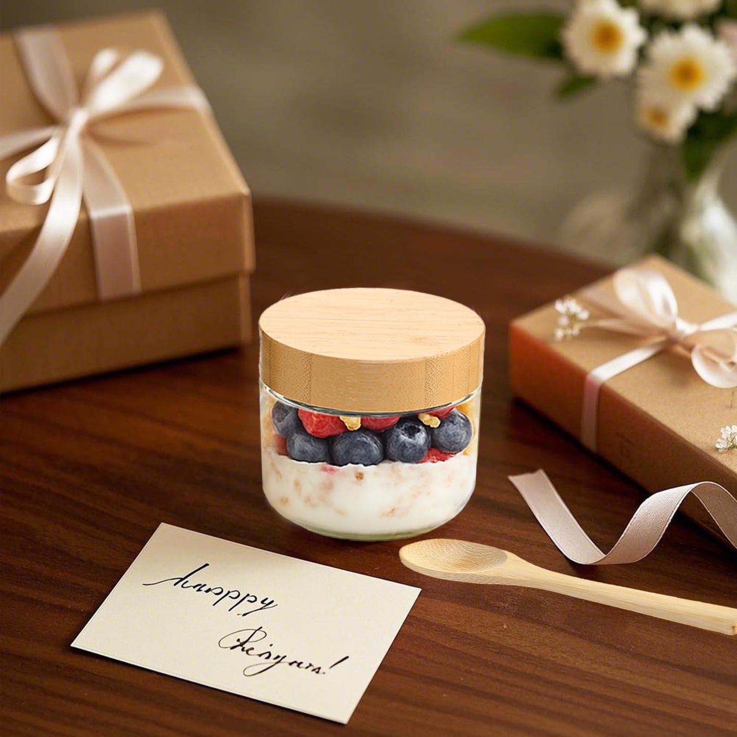 TBWIND 10oz Glass Jars with Bamboo Lids, Spoons, Airtight Overnight Oats Containers, Salad & Yogurt Storage, Mason Jars for Snacks, Spices, Meal Prep – Reusable, 4-Pack