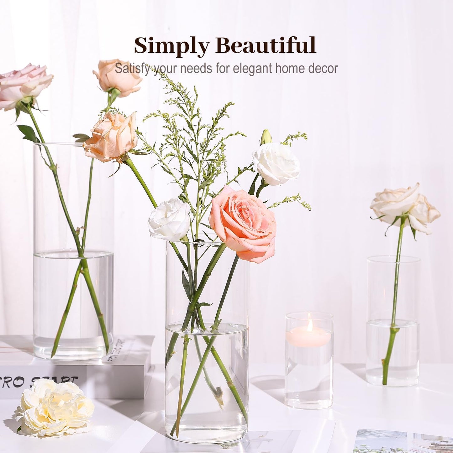 TBWIND 16 Pack Glass Cylinder Vases 4, 6, 8, 10 Inch Tall Clear Flower Vases for Table Centerpieces Wedding Decoration, Hurricane Floating Candle Holder for Party Home Decor