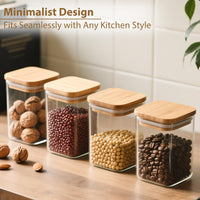 TBWIND 37oz(1.2Qt) Square Glass Storage Containers with Bamboo Lids – 4 Pack Clear Food Airtight Glass Jars for Pantry Organizers and Storage, Kitchen Dry Food, Coffee, Sugar, Flour, Snacks, Spices