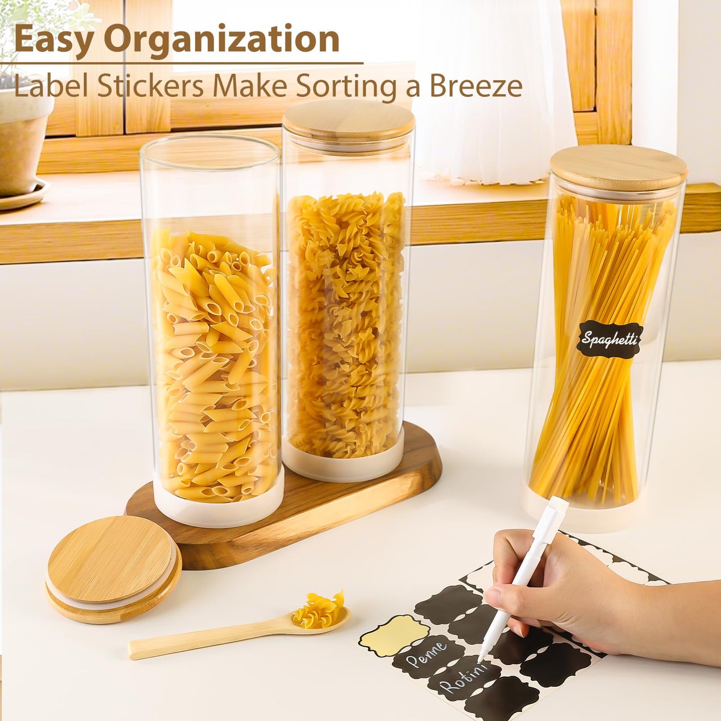 TBWIND 73oz Round Glass Pasta Storage Containers with Non-Slip Silicone Pads – 3 Pack Large Airtight Clear Food Jars for Pantry Organization, Kitchen Dry Food, Flour, Pasta, Spaghetti