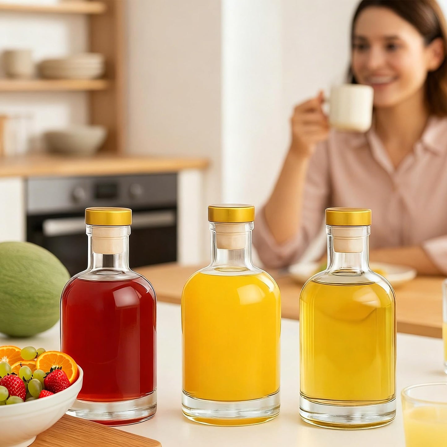 TBWIND 12 Pack 6 oz/200ml Clear Glass Bottles with T-Top Cork Stoppers, Small Liquor Bottles, Airtight Refillable Bottles for Spirits, Juice, Oil, Vinegar, Kombucha, Soda, Bear, Wine