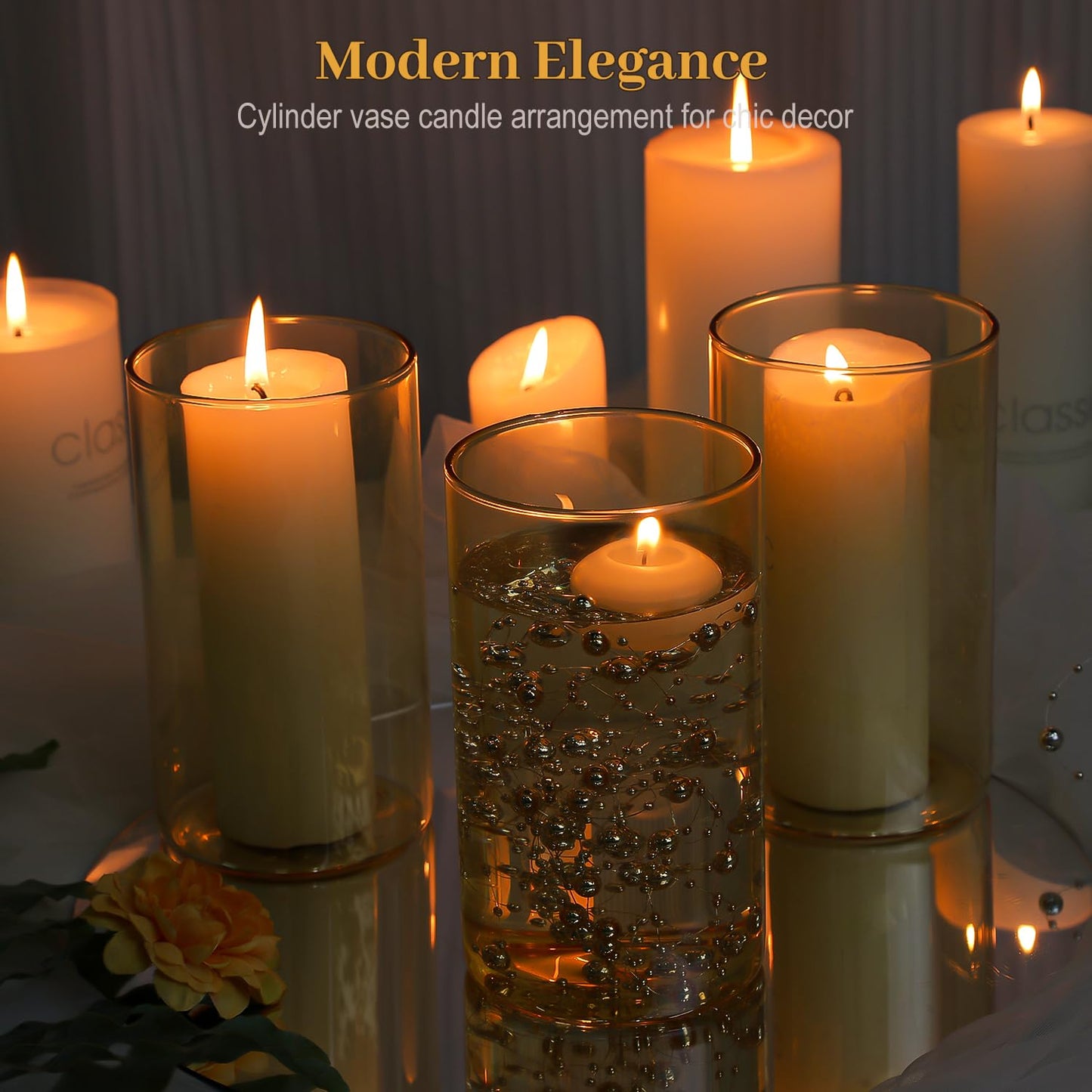 TBWIND 12pcs Glass Gold Amber Cylinder Vases for Centerpieces, 6 Inch Champagne Flower Vases for Wedding Decorations, Indoor Home Decor, Hurricane Candle Holder for Table Shelf, Party