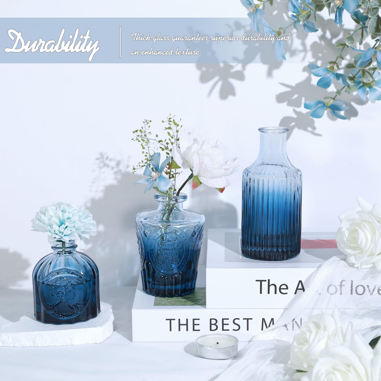TBWIND 24Pcs Blue Glass Bud Vases Set, Small Vases for Flowers, Perfect for Centerpieces at Parties, Baby Showers, Weddings, Events, Graduation Season, Great Gifts for Office & Home Décor