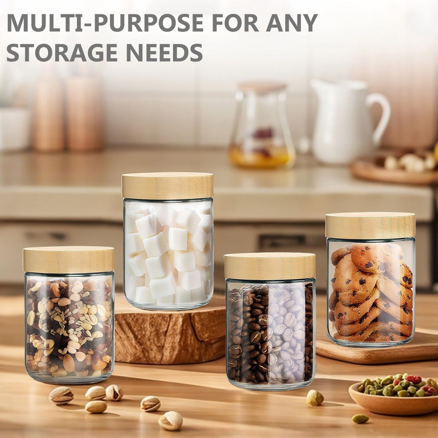 TBWIND 16oz Glass Jars with Bamboo Lids, Spoons, Airtight Overnight Oats Containers, Salad& Yogurt Storage, Mason Jars for Snacks, Spices, Meal Prep – Reusable, 4-Pack
