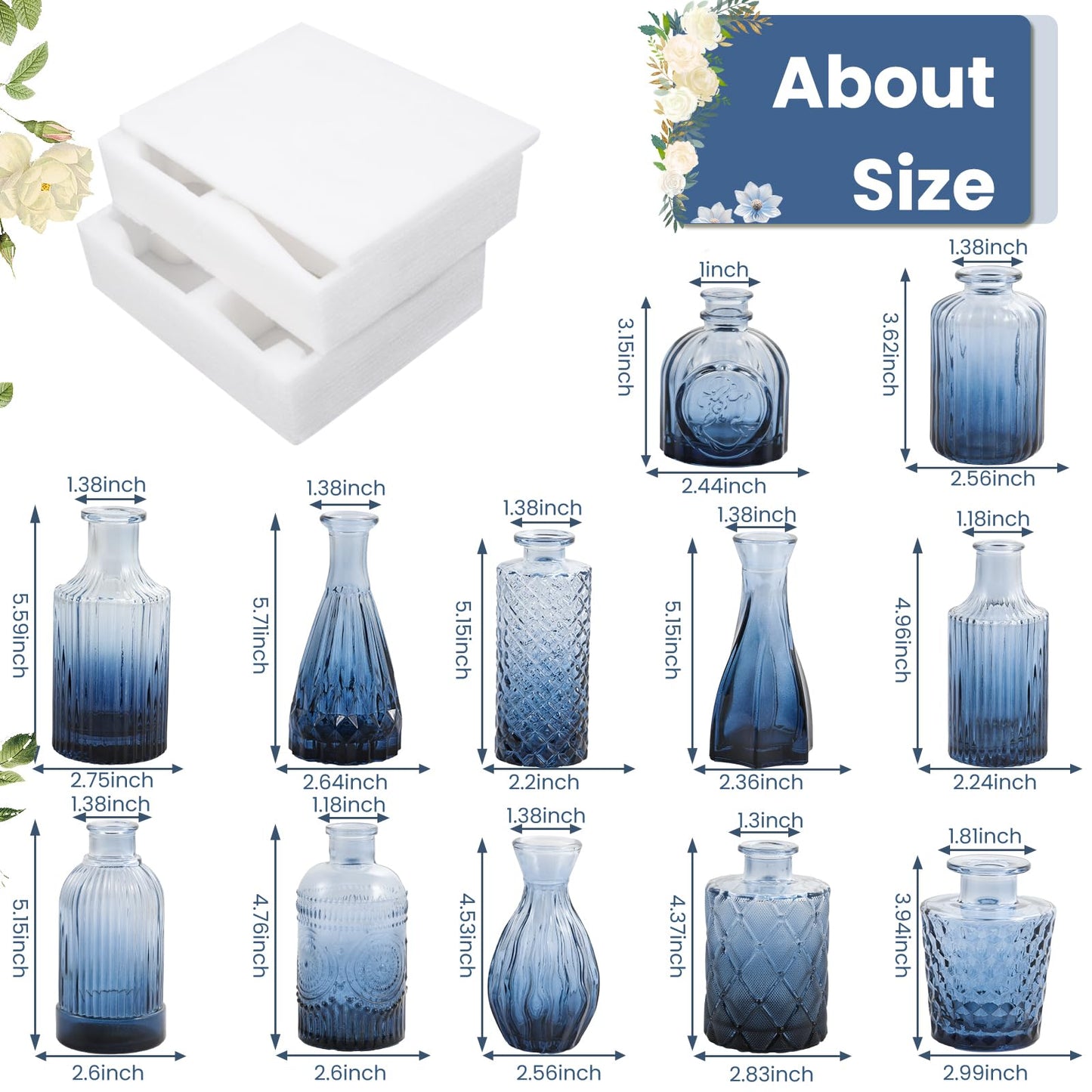 TBWIND 12Pcs Blue Glass Bud Vases Set, Small Vases for Flowers, Perfect for Centerpieces at Parties, Baby Showers, Weddings, Events, Graduation Season, Great Gifts for Office & Home Décor