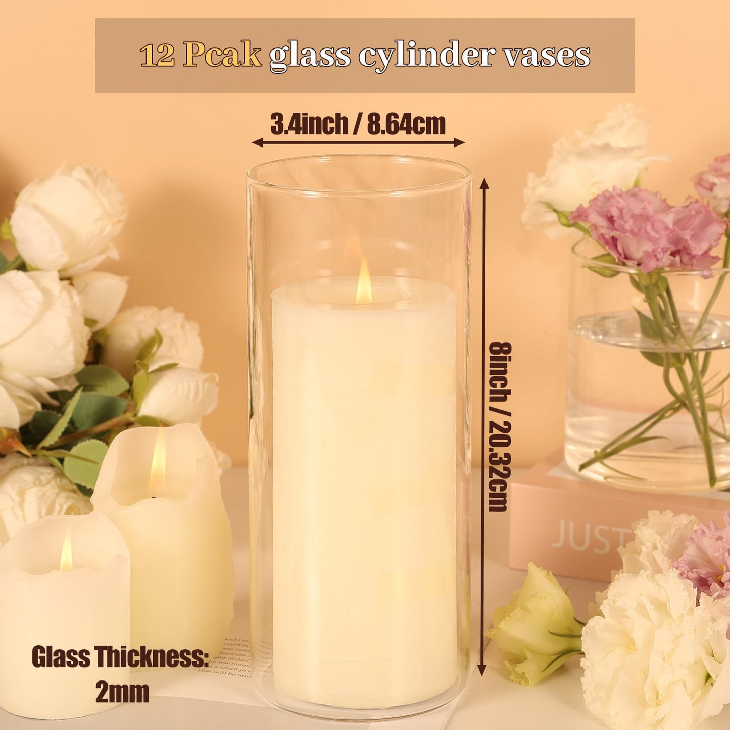 TBWIND 12Pcs Glass Cylinder Vases 8 Inch Tall Clear Flower Vases for Centerpieces Wedding Decoration, Hurricane Floating Candle Holder for Party Table Home Decor