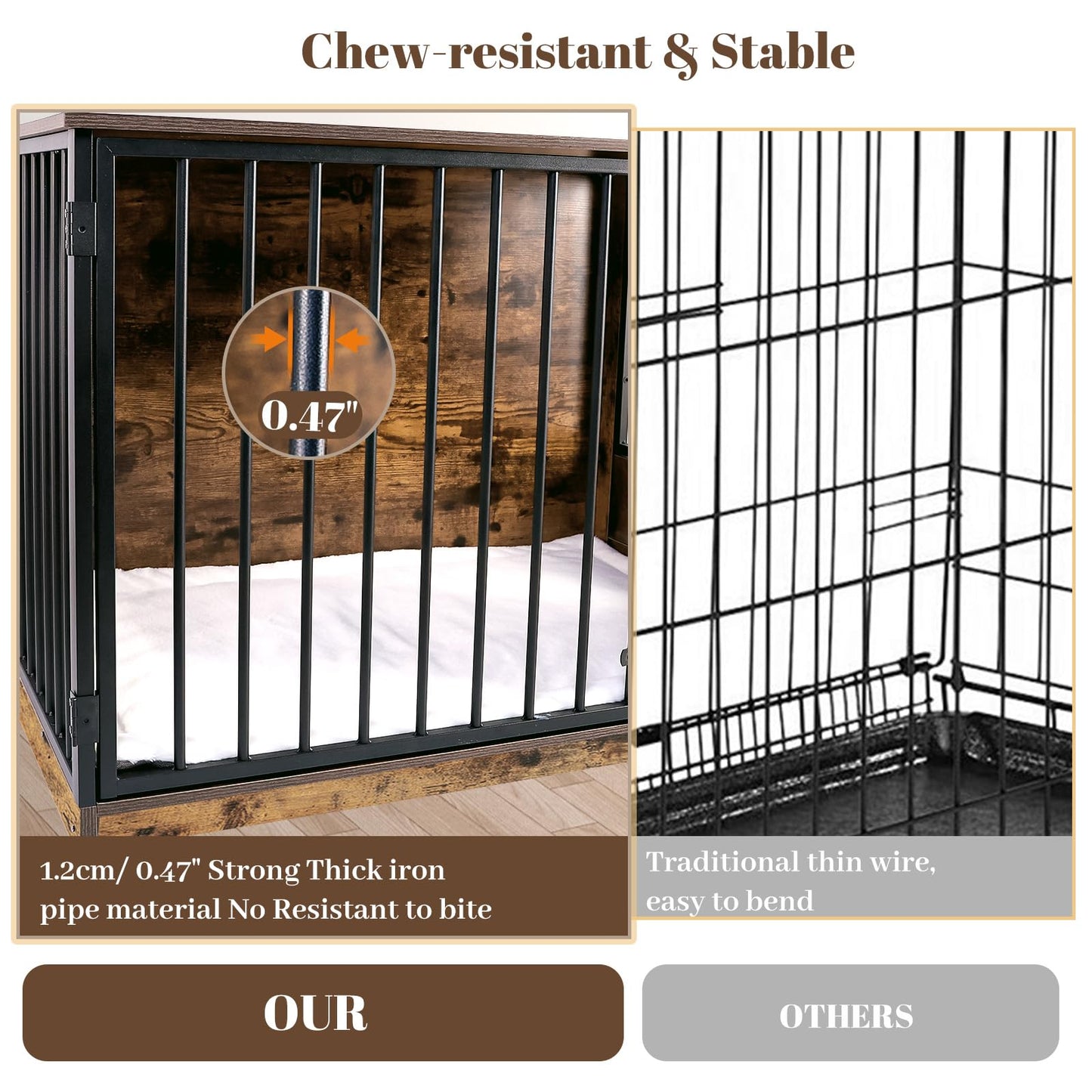 TBWIND Dog Crate Furniture with Cushion for Large Dogs, 36" Indoor Wooden Dog Kennel with 270° Swivel Door, 360° Rotating Feeder, Decorative Heavy Duty Dog House with Double Locks & Bowls, Rustic Brown