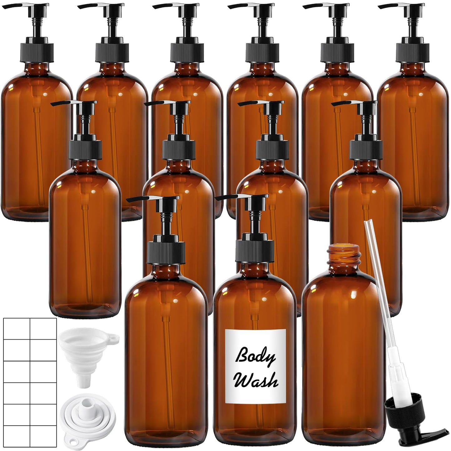 TBWIND 12 Pack Amber Glass Bottles 16oz with Pump Dispensers, Refillable Empty Pump Bottles for Bathroom, Kitchen, Shampoo, Soap, Lotion – Includes 2 Funnels & 12 Labels