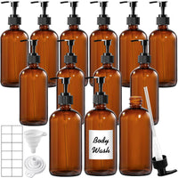 TBWIND 12 Pack Amber Glass Bottles 16oz with Pump Dispensers, Refillable Empty Pump Bottles for Bathroom, Kitchen, Shampoo, Soap, Lotion – Includes 2 Funnels & 12 Labels