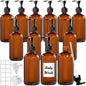 TBWIND 12 Pack Amber Glass Bottles 16oz with Pump Dispensers, Refillable Empty Pump Bottles for Bathroom, Kitchen, Shampoo, Soap, Lotion – Includes 2 Funnels & 12 Labels