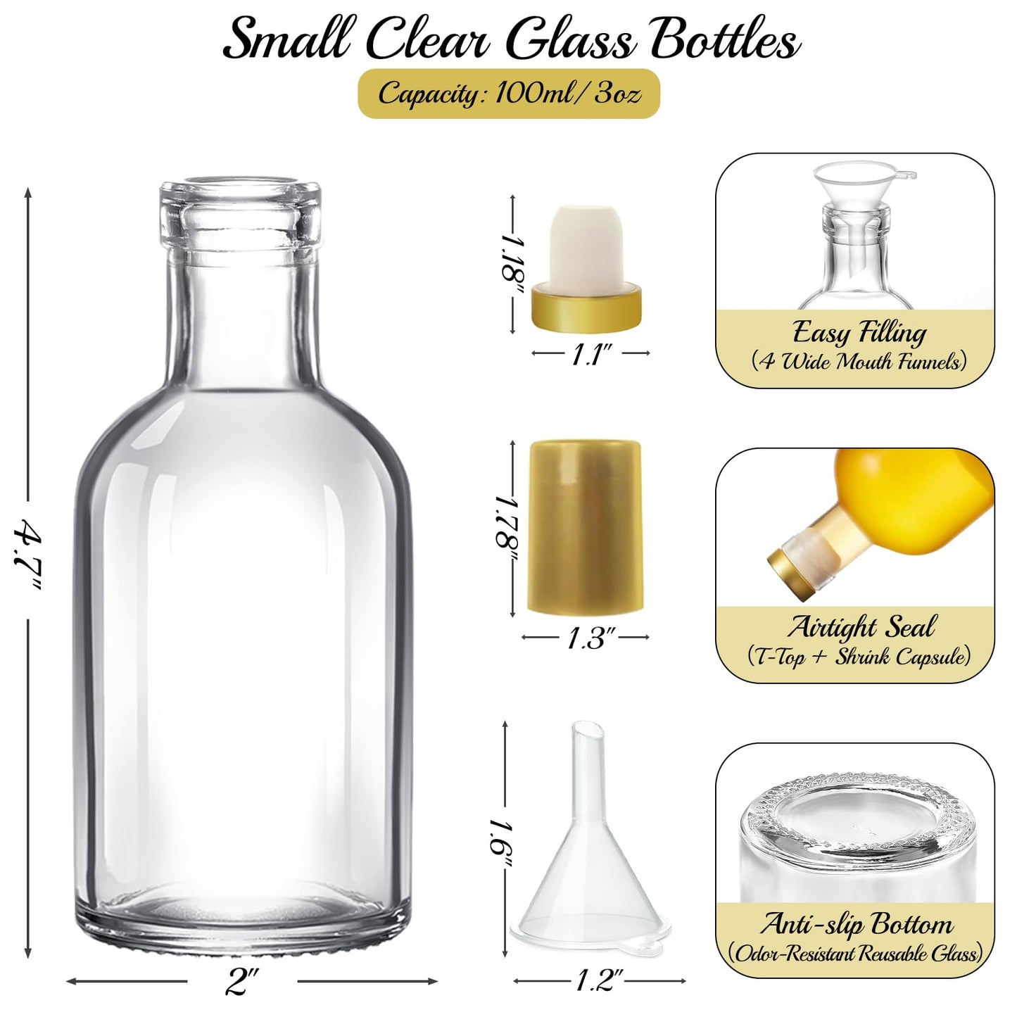 TBWIND 12 Pack 3 oz/100ml Clear Glass Bottles with T-Top Cork Stoppers, Small Liquor Bottles, Airtight Refillable Bottles for Spirits, Juice, Oil, Vinegar, Kombucha, Soda, Bear, Wine