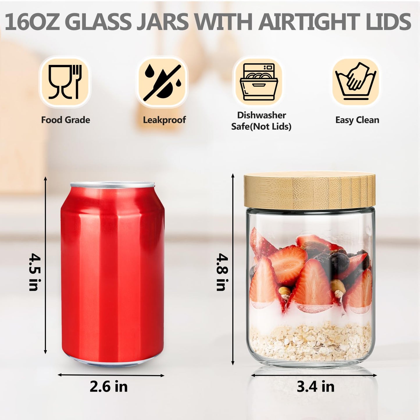 TBWIND 16oz Glass Jars with Bamboo Lids, Spoons, Airtight Overnight Oats Containers, Salad& Yogurt Storage, Mason Jars for Snacks, Spices, Meal Prep – Reusable, 4-Pack