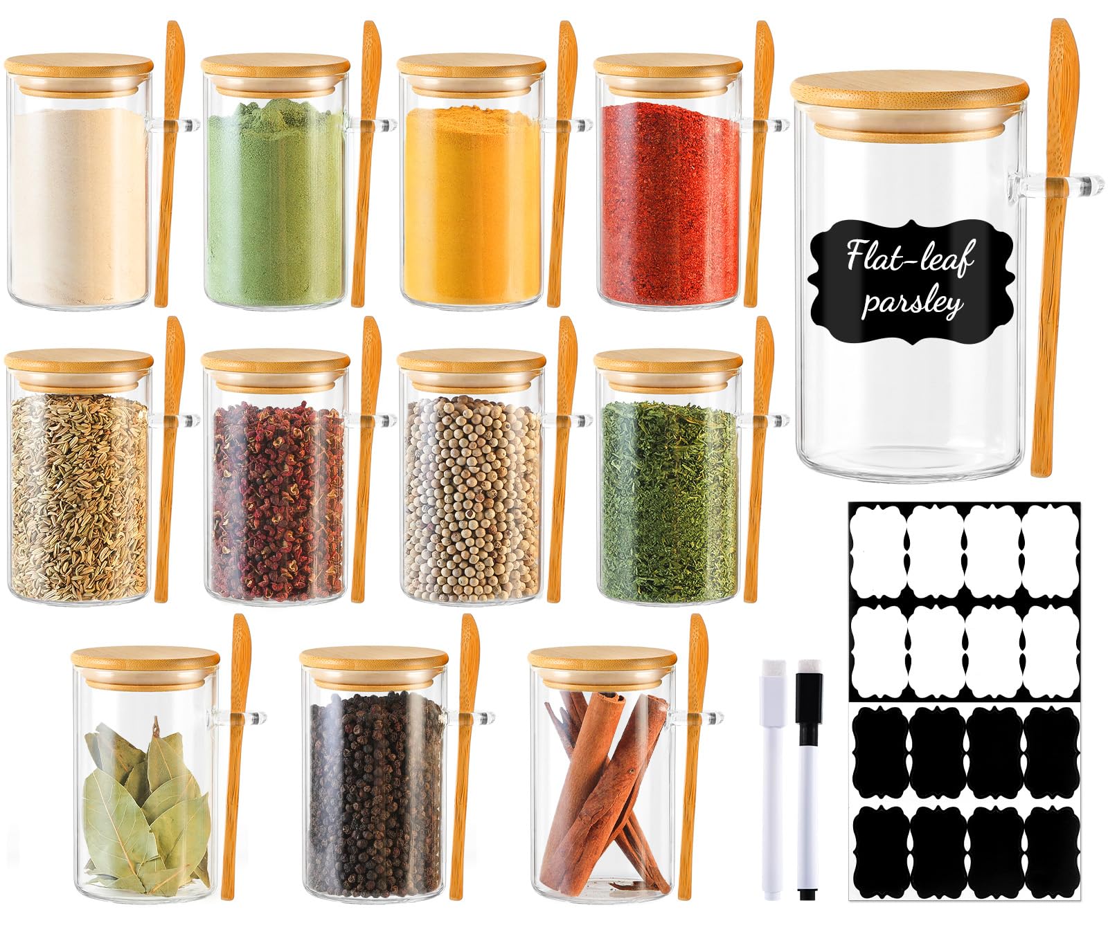 TBWIND 12 Pack 8 oz Round Glass Spice Jars with Lids and Spoons – Airtight Small Spice Containers Set with Labels, Clear Glass Storage Jars for Seasoning, Spices, Kitchen Pantry Organization