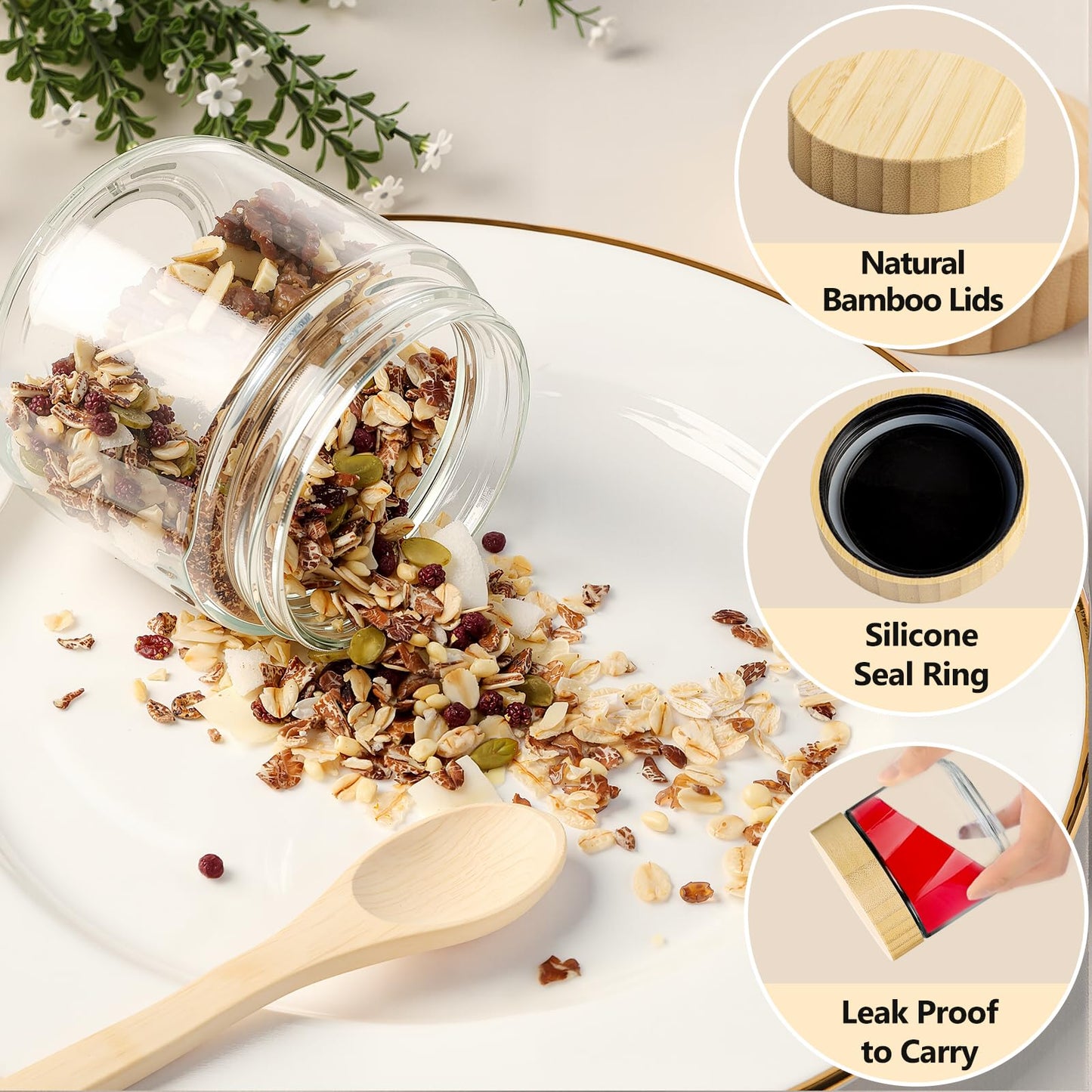 TBWIND 10oz Glass Jars with Bamboo Lids, Spoons, Airtight Overnight Oats Containers, Salad & Yogurt Storage, Mason Jars for Snacks, Spices, Meal Prep – Reusable, 4-Pack