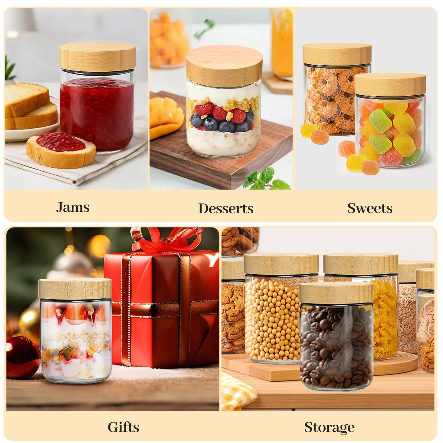 TBWIND 16oz Glass Jars with Bamboo Lids, Spoons, Airtight Overnight Oats Containers, Salad& Yogurt Storage, Mason Jars for Snacks, Spices, Meal Prep – Reusable, 4-Pack