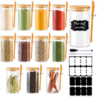 TBWIND 12 Pack 10 oz Round Glass Spice Jars with Lids and Spoons – Airtight Small Spice Containers Set with Labels, Clear Glass Storage Jars for Seasoning, Spices, Kitchen Pantry Organization