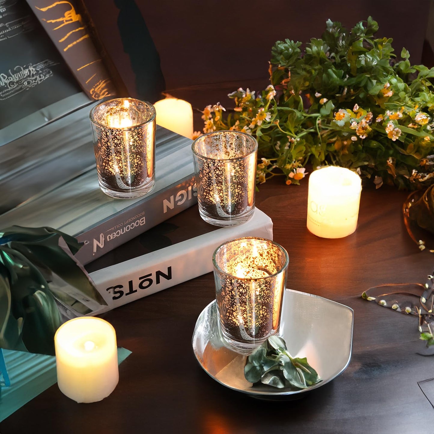 TBWIND 24 Pcs Silver Votive Candle Holders, Speckled Mercury Silver Glass Candle Holder Bulk for Wedding Centerpiece Table Decor, Tea Lights Candle Holder for Valentines Day Decor, Home Decor