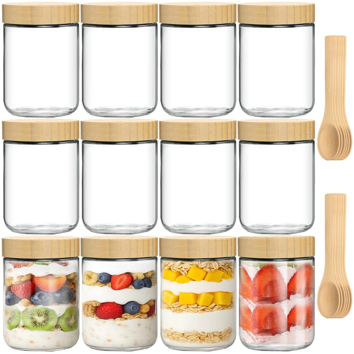 TBWIND 12 Pack 16oz Glass Jars with Bamboo Lids, Spoons, Airtight Overnight Oats Containers, Salad& Yogurt Storage, Mason Jars for Snacks, Spices, Meal Prep – Reusable