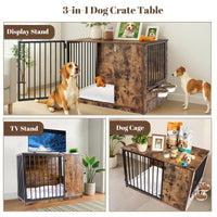 TBWIND Dog Crate Furniture with Cushion for Large Dogs, 36" Indoor Wooden Dog Kennel with 270° Swivel Door, 360° Rotating Feeder, Decorative Heavy Duty Dog House with Double Locks & Bowls, Rustic Brown