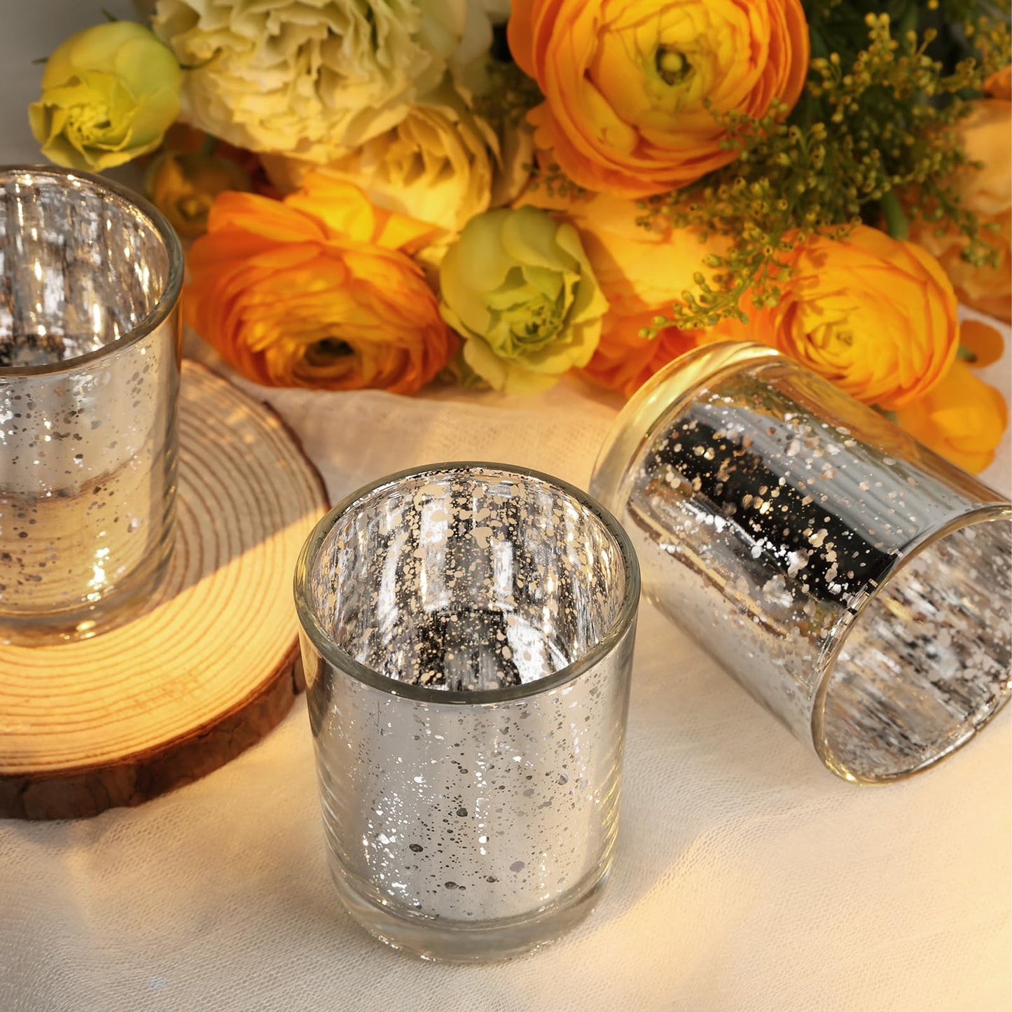 TBWIND 24 Pcs Silver Votive Candle Holders, Speckled Mercury Silver Glass Candle Holder Bulk for Wedding Centerpiece Table Decor, Tea Lights Candle Holder for Valentines Day Decor, Home Decor