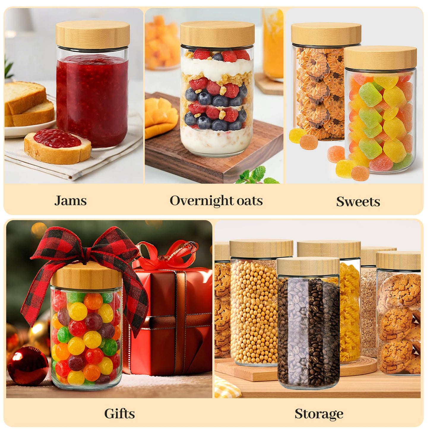 TBWIND 24oz Glass Jars with Bamboo Lids, Spoons, Airtight Overnight Oats Containers, Wide Mouth Mason Jars for Snack Storage For Food, Yogurt, Salad, Sugar and Flour, Coffee Bean, Cookie, Cereal