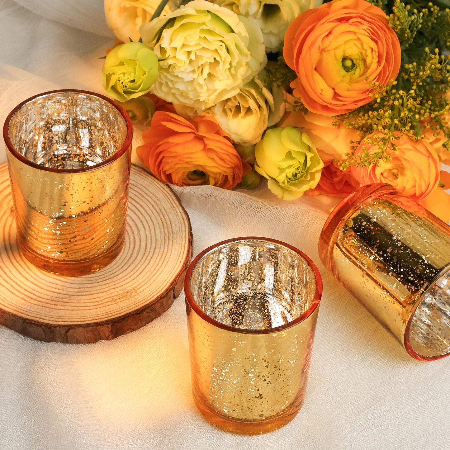 TBWIND 24 Pcs Gold Votive Candle Holders, Speckled Mercury Gold Glass Candle Holder Bulk for Wedding Centerpiece Table Decor, Tea Lights Candle Holder for Valentines Day Decor, Home Decor